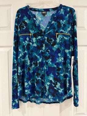 INC International Concepts Blue Teal Floral Zip-Pocket V-Neck Blouse